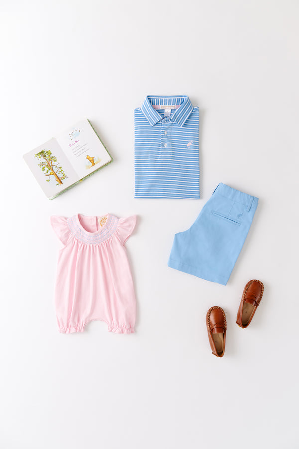 Sandy Smocked Romper - Palm Beach Pink with Beale Street Blue & Worth Avenue White