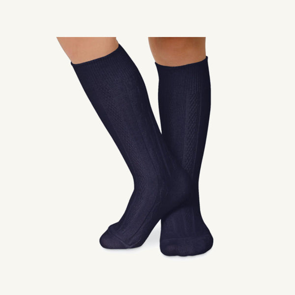 Cozy navy blue Jefferies Cable Knit Knee Socks - Navy for fall and winter.