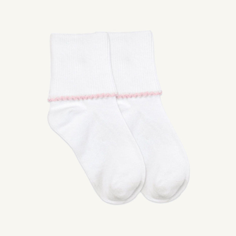 Pair of Jefferies Picot Edge Socks - White with Pink, featuring a white foldover style with a pink picot band at the cuffs.