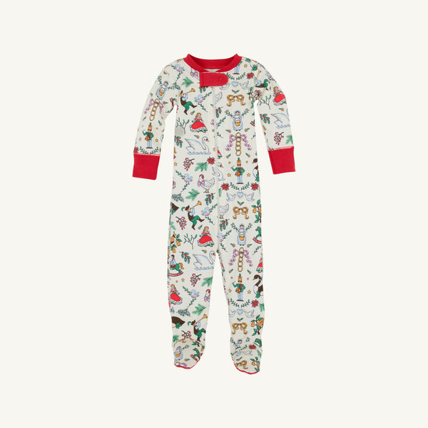 Knox’s Night Night - 12 Days of Christmas with Richmond Red by The Beaufort Bonnet Company is a children’s one-piece Pima cotton pajamas featuring long sleeves, red cuffs, and a vibrant woodland animal and mushroom print on a white background. Ideal for holiday sleepwear or Christmas pajamas.