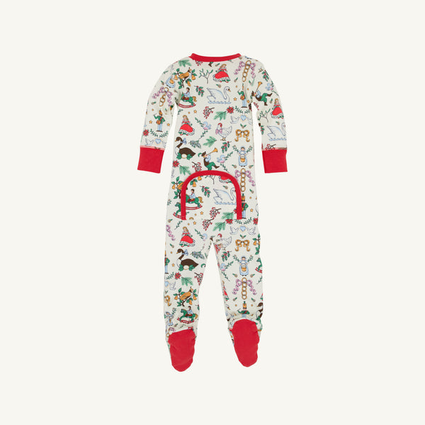 The Beaufort Bonnet Company’s “Knox’s Night Night - 12 Days of Christmas with Richmond Red” is a cozy Pima cotton, long-sleeved footed onesie featuring red cuffs and feet, a festive holiday print, and a buttoned flap on the back—perfect for holiday sleepwear.