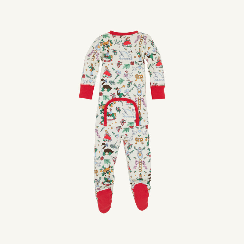 The Beaufort Bonnet Company’s “Knox’s Night Night - 12 Days of Christmas with Richmond Red” is a cozy Pima cotton, long-sleeved footed onesie featuring red cuffs and feet, a festive holiday print, and a buttoned flap on the back—perfect for holiday sleepwear.