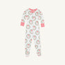 The Beaufort Bonnet Company’s Knox’s Night Night - North Pole Portrait with Richmond Red Stripe is a white baby onesie adorned with a cheerful pattern of red and green Santa Claus faces and wreaths, finished with red-and-white striped cuffs and collar, displayed on a plain background.