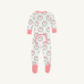 Introducing the Knox’s Night Night - North Pole Portrait with Richmond Red Stripe by The Beaufort Bonnet Company: a white baby onesie featuring festive Santa faces and wreaths, finished with vibrant red cuffs and feet. Cheerful red and white stripes accent the feet, while a small back flap in matching print adds an extra adorable detail.