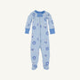 Knox’s Night Night - Eight Nights to Remember infant pajamas by The Beaufort Bonnet Company feature a light blue design with blue cuffs, adorned with blue Stars of David, menorahs, and dreidels. Crafted from soft Pima cotton onesie material and displayed on a plain white background, these pajamas are perfect for holiday family matching.
