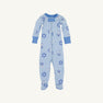 Knox’s Night Night - Eight Nights to Remember infant pajamas by The Beaufort Bonnet Company feature a light blue design with blue cuffs, adorned with blue Stars of David, menorahs, and dreidels. Crafted from soft Pima cotton onesie material and displayed on a plain white background, these pajamas are perfect for holiday family matching.