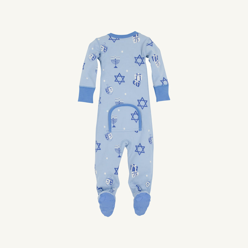 Knox’s Night Night - Eight Nights to Remember by The Beaufort Bonnet Company: These light blue Hanukkah pajamas for infants feature Stars of David, menorahs, and dreidels. Crafted from soft Pima cotton, this onesie includes blue cuffs, feet, and a convenient back flap—perfect for festive holiday family matching.