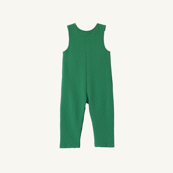 The Beaufort Bonnet Company Lawson Longall - Kiawah Kelly Green Quilted one-piece, sleeveless toddler outfit with long pants, shown laid flat on a white background. Perfect for holiday wear.
