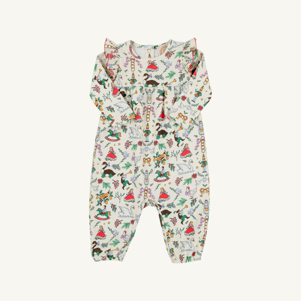 The Leigh Ann Angel Sleeve Romper - 12 Days of Christmas by The Beaufort Bonnet Company is a long-sleeve baby romper made from soft Pima Cotton, featuring an angel sleeve design with ruffle details on the shoulders and a festive print inspired by the classic “12 Days of Christmas.”.