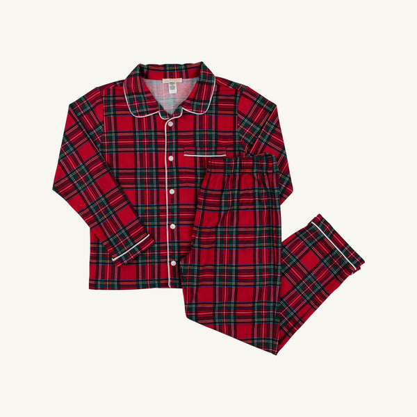 Lock’s Little Set - Society Prep Plaid with Worth Avenue White is a red, green, and white plaid Christmas pajama set featuring a button-down long-sleeve shirt and matching pants.