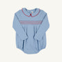 Long Sleeve Bradford Bubble - Barrington Blue with Richmond Red Smocking in pima cotton knit, featuring a Peter Pan collar with red piping and red and blue smocking across the chest.