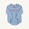 Long Sleeve Bradford Bubble - Barrington Blue with Richmond Red Smocking in pima cotton knit, featuring a Peter Pan collar with red piping and red and blue smocking across the chest.