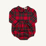 Long Sleeve Bradford Bubble in Society Prep Plaid with Nantucket Navy by The Beaufort Bonnet Company, featuring red and green plaid, long sleeves, a Peter Pan collar, and a gathered waist, displayed on a plain white background.