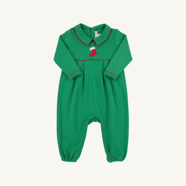 The Beaufort Bonnet Company Long Sleeve Bradford Romper in Kiawah Kelly Green features elegant red piping along the collar and chest, a festive red and white Christmas stocking embroidery on the front, and is crafted from soft Pima Cotton. Shown against a simple light background.