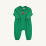 The Beaufort Bonnet Company Long Sleeve Bradford Romper in Kiawah Kelly Green features elegant red piping along the collar and chest, a festive red and white Christmas stocking embroidery on the front, and is crafted from soft Pima Cotton. Shown against a simple light background.