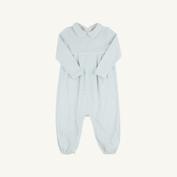 Long Sleeve Bradford Romper - Old Greenwich Green Stripe with Worth Avenue White