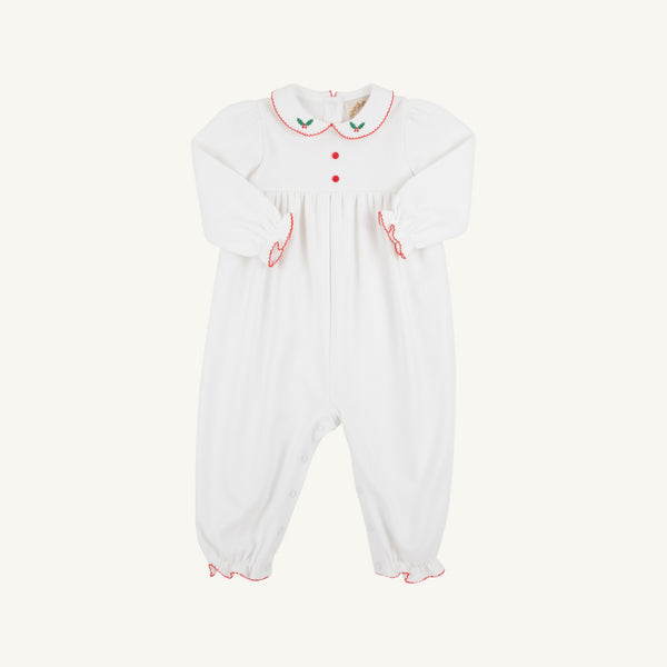 Long Sleeve Britt Romper - Worth Avenue White with Holly, a white Pima cotton baby romper featuring a Christmas-themed embroidered holly collar, red ric-rac trim, and two red buttons.