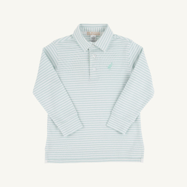 Long Sleeve Prim & Proper Polo & Onesie - Old Greenwich Green Stripe with Tonal Stork