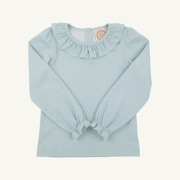 Long Sleeve Ramona Ruffle Top - Old Greenwich Green Microdot