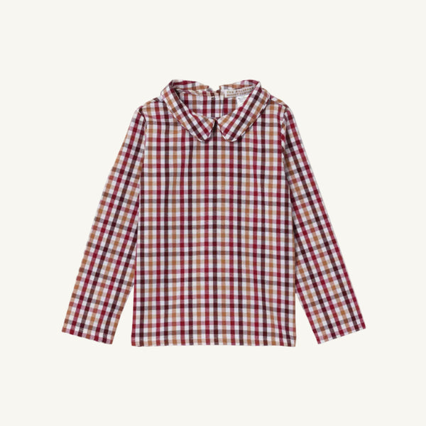 Long-sleeve Easton Pond Plaid Peter Pan collar shirt & onesie by The Beaufort Bonnet Company, shown laid flat on a white background.