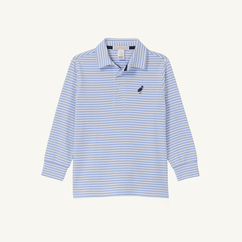 The Beaufort Bonnet Company Long Sleeve Prim & Proper Polo - Park City Periwinkle Stripe with Nantucket Navy is a long-sleeve pima cotton shirt featuring light blue and white horizontal stripes, a navy blue collar, and a dark blue bird logo.
