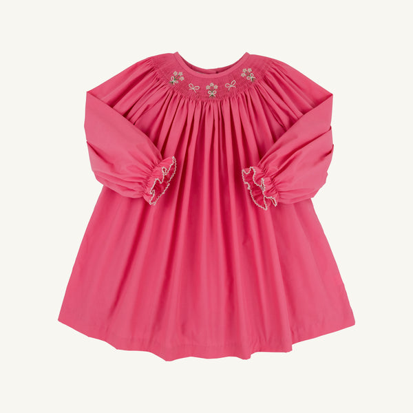 Long Sleeve Sandy Smocked Dress - Romany Rose with Flower & Bow Smocking