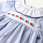 Long Sleeve Dollie Mae Dress - Park City Periwinkle Ticking Stripe & Worth Avenue White featuring a light blue and white striped pattern, a white ruffled collar, and an embroidered floral chest panel with red flowers and green stems.