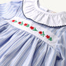Long Sleeve Dollie Mae Dress - Park City Periwinkle Ticking Stripe & Worth Avenue White featuring a light blue and white striped pattern, a white ruffled collar, and an embroidered floral chest panel with red flowers and green stems.