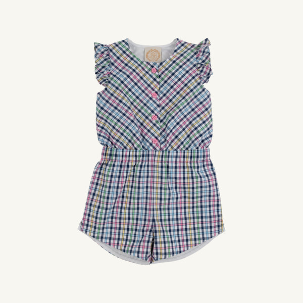 Marion Rose Romper - Pier Pointe Plaid with Hamptons Hot Pink Flower Buttons