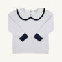 Sure! Here’s the rewritten sentence using the provided product data: The Beaufort Bonnet Company’s Maude’s Ruffle Cassidy Comfy Crewneck in Nantucket Navy Microdot with Worth Avenue White is neatly laid flat on a plain background, showcasing its long sleeves, large Peter Pan collar trimmed in black, black cuffs, and delicate microdot detailing throughout.