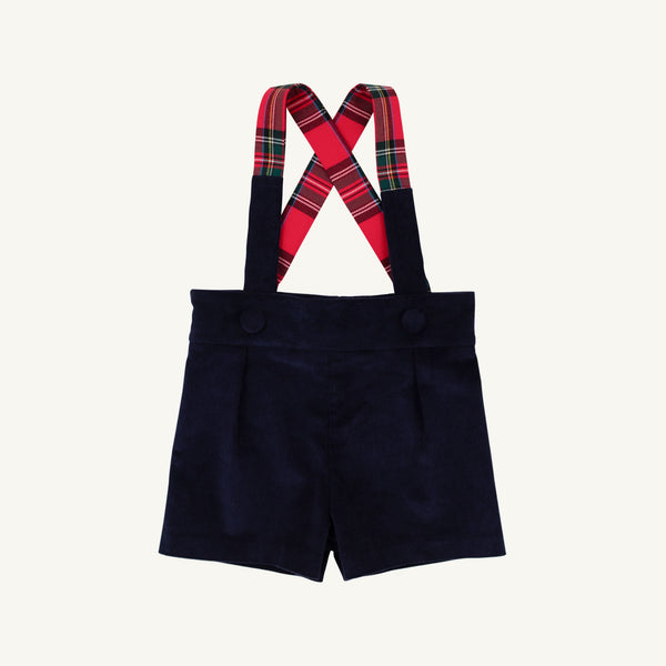 Peabody Prep Short - Nantucket Navy Corduroy with Society Prep Plaid shorts featuring crisscrossed red plaid suspenders.