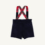 Peabody Prep Short - Nantucket Navy Corduroy with Society Prep Plaid featuring red plaid crisscross suspender straps.