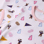 Crafted from soft Pima Cotton Knit, the LSU Polly Play Dress - Tenacious Tigers with Palm Beach Pink by The Beaufort Bonnet Company features white fabric adorned with LSU-themed prints, including tiger mascots, megaphones, yellow and pink pom-poms, and flags reading “TIGERS.” Light pink trim accents the neck and armholes for a cheerful finishing touch—perfect for celebrating the Tenacious Tigers in style.