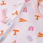 Close-up of the Tennessee Polly Play Dress - Victory in Orange with Palm Beach Pink by The Beaufort Bonnet Company, crafted from soft Pima Cotton Knit. This playful dress features a white base with pink trim and a scattered pattern of orange Ts, blue “VOLS,” pink cheer megaphones, the Tennessee flag, a cheerful dog face, and blue pom-poms—perfect for showing your spirit in style. Inspired by the lively design of their signature Polly Play Dress.
