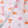 Close-up of the Tennessee Polly Play Dress - Victory in Orange with Palm Beach Pink by The Beaufort Bonnet Company, crafted from soft Pima Cotton Knit. This playful dress features a white base with pink trim and a scattered pattern of orange Ts, blue “VOLS,” pink cheer megaphones, the Tennessee flag, a cheerful dog face, and blue pom-poms—perfect for showing your spirit in style. Inspired by the lively design of their signature Polly Play Dress.