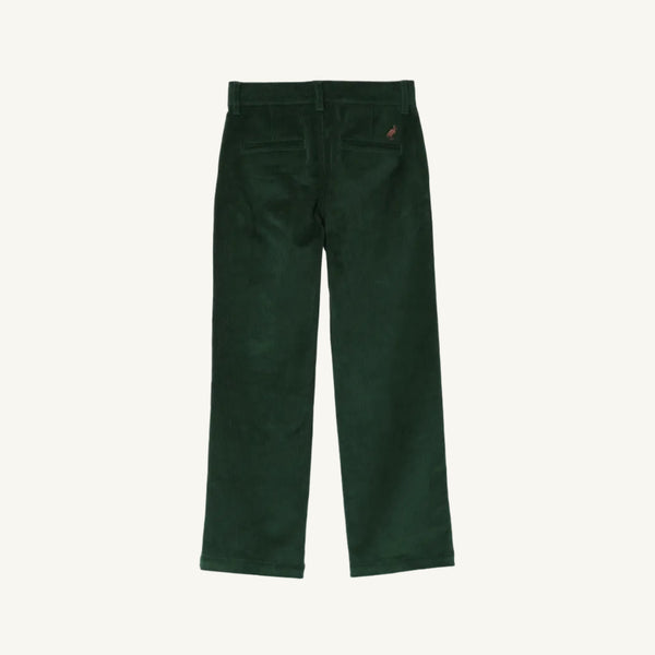 The Beaufort Bonnet Company Prep School Pants in Grier Green corduroy with Gray Bay Brown Stork, shown from the back against a white background, feature two rear pockets and a classic straight-leg cut—an essential addition to any boy’s fall wardrobe.