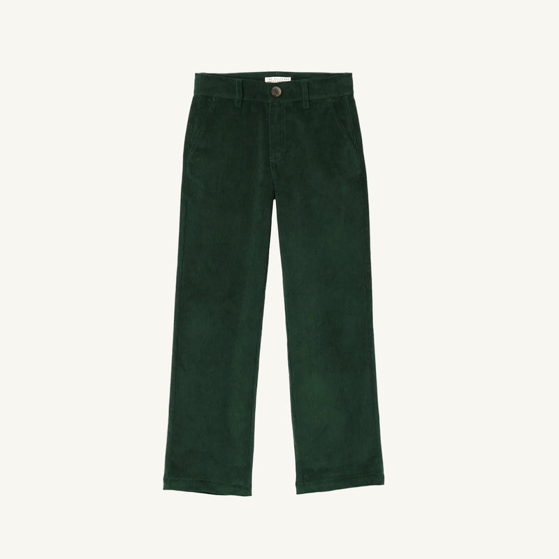 The Beaufort Bonnet Company Prep School Pants in Grier Green Corduroy with Gray Bay Brown Stork feature a straight leg cut, front pockets, and a button closure—an ideal addition to any boy’s fall wardrobe. Shown on a plain white background.