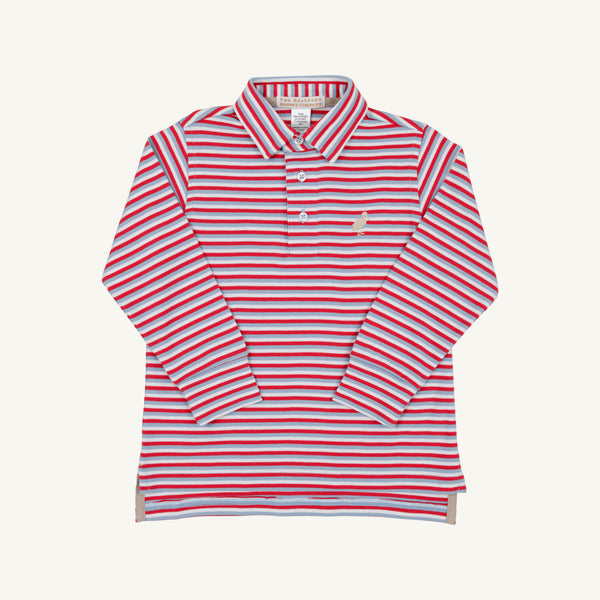 Long Sleeve Prim & Proper Polo & Onesie - Sumner County Stripe (Barrington Blue) with Keeneland Khaki Stork, featuring long sleeves, red, white, and blue horizontal stripes, and a small stork embroidery on the chest.