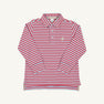 Long Sleeve Prim & Proper Polo & Onesie - Sumner County Stripe (Barrington Blue) with Keeneland Khaki Stork, featuring long sleeves, red, white, and blue horizontal stripes, and a small stork embroidery on the chest.
