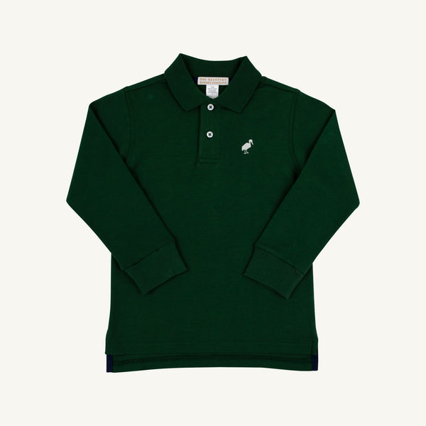 The Beaufort Bonnet Company’s Long Sleeve Prim & Proper Polo in Grier Green with a collar, three white buttons, and a small Palmetto Pearl stork logo on the left chest is displayed on a plain light background.