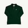 The Beaufort Bonnet Company’s Long Sleeve Prim & Proper Polo in Grier Green with a collar, three white buttons, and a small Palmetto Pearl stork logo on the left chest is displayed on a plain light background.
