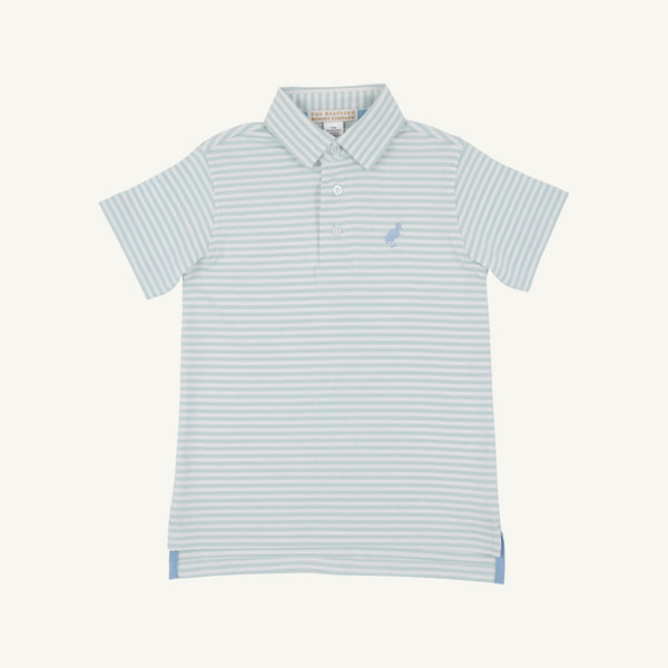 Prim & Proper Polo & Onesie - Old Greenwich Green Stripe with Sarasota Sky Stork