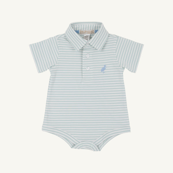Prim & Proper Polo & Onesie - Old Greenwich Green Stripe with Sarasota Sky Stork