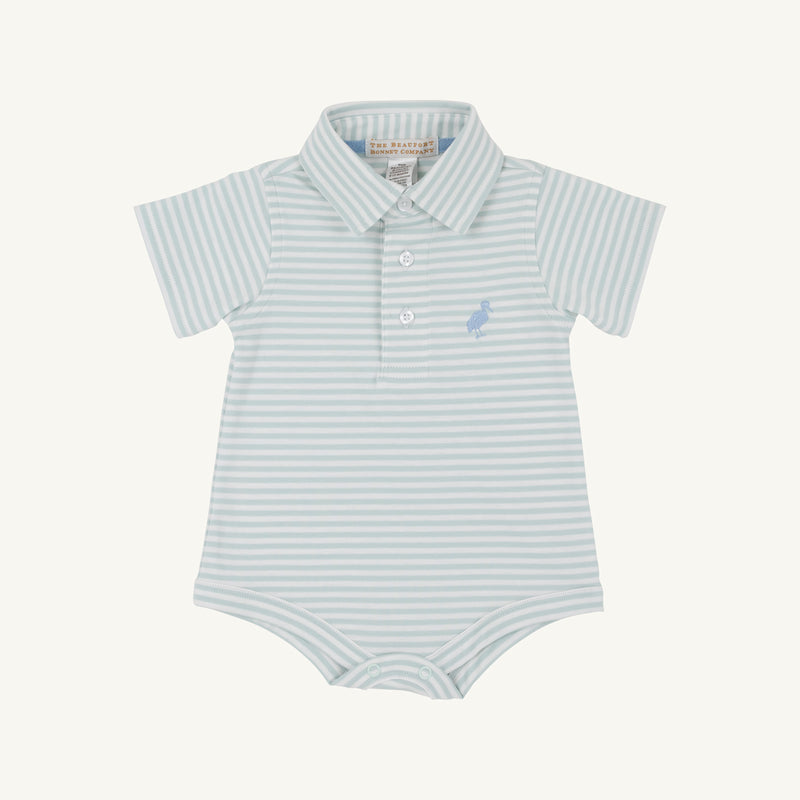 Prim & Proper Polo & Onesie - Old Greenwich Green Stripe with Sarasota Sky Stork
