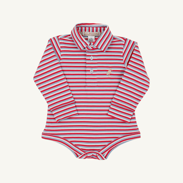 Long Sleeve Prim & Proper Polo & Onesie - Sumner County Stripe (Barrington Blue) with Keeneland Khaki Stork: a long-sleeved Pima cotton baby polo bodysuit featuring a red, blue, and white horizontal stripe pattern and an embroidered stork.