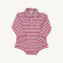 Long Sleeve Prim & Proper Polo & Onesie - Sumner County Stripe (Barrington Blue) with Keeneland Khaki Stork: a long-sleeved Pima cotton baby polo bodysuit featuring a red, blue, and white horizontal stripe pattern and an embroidered stork.