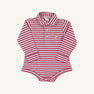 Long Sleeve Prim & Proper Polo & Onesie - Sumner County Stripe (Barrington Blue) with Keeneland Khaki Stork: a long-sleeved Pima cotton baby polo bodysuit featuring a red, blue, and white horizontal stripe pattern and an embroidered stork.