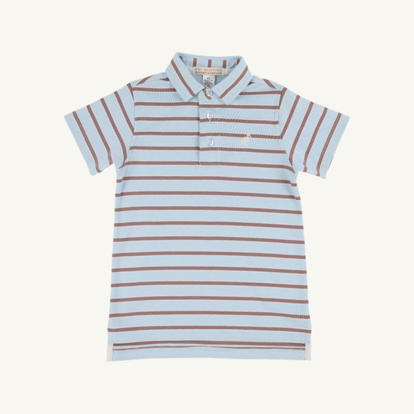 Prim & Proper Polo & Onesie - Buckhead Blue, Palmetto Peal, & Gray Bay Brown Stripe with Palmetto Pearl Stork