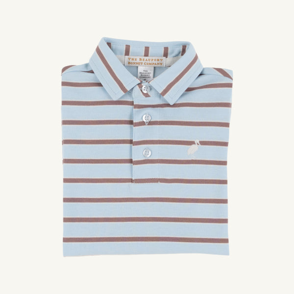 Prim & Proper Polo & Onesie - Buckhead Blue, Palmetto Peal, & Gray Bay Brown Stripe with Palmetto Pearl Stork