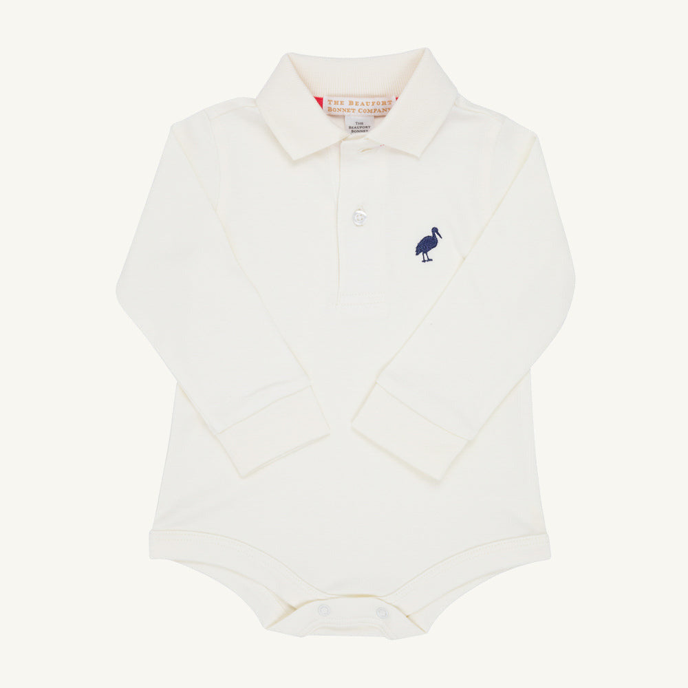 Long Sleeve Prim & Proper Polo & Onesie - Palmetto Pearl with Nantucket Navy Stork